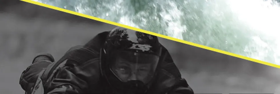 A rider in a full-face helmet lying headfirst on a street sled, from the 2012 Face Level flyer