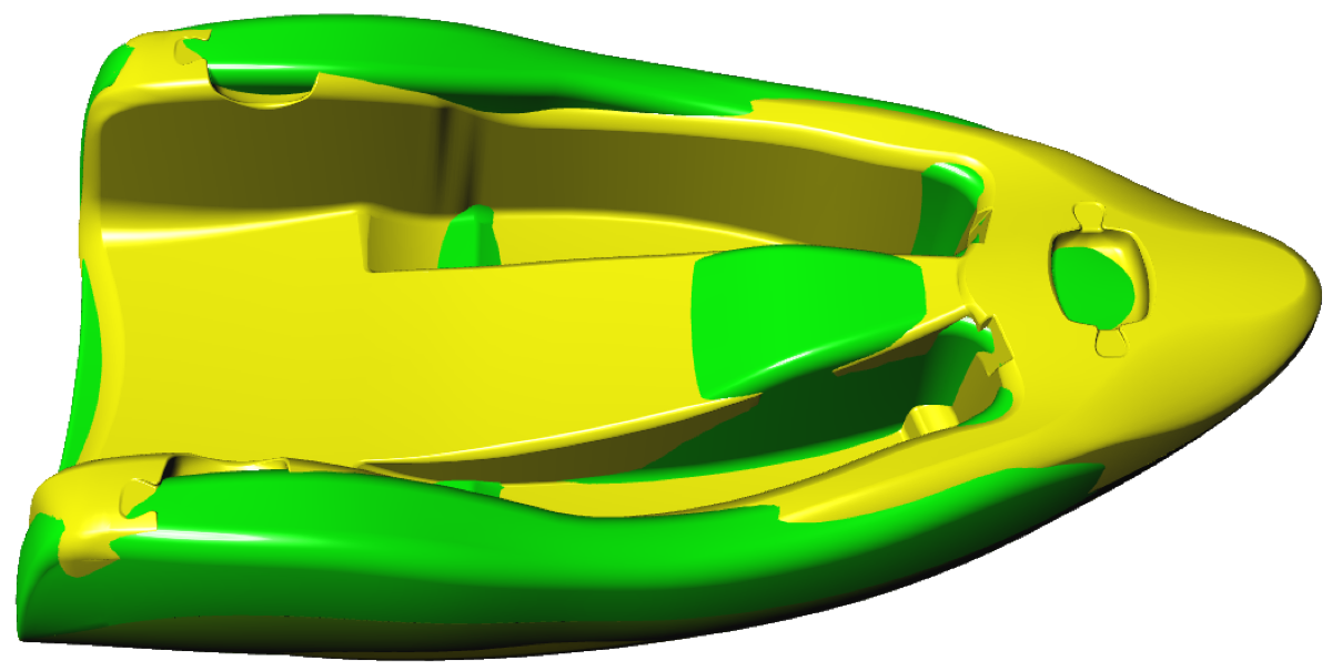CAD overlay of both hulls from above. The Tana's bow reaches further forward and comes to a sharper point; the Anvil is visibly wider along both rails.